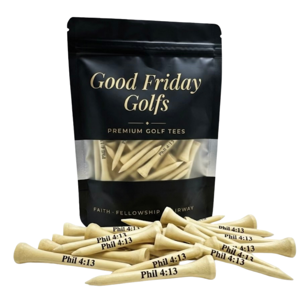 Good Friday Golfs pouch of premium wooden golf tees stamped Phil 4:13