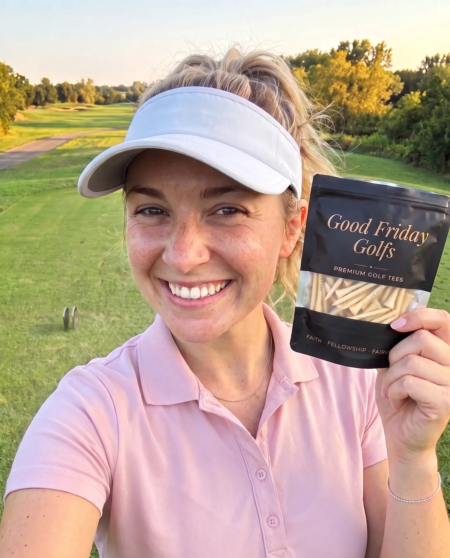 Golfer holding a Phil 4:13 wooden tee beside a pouch of Good Friday Golfs tees