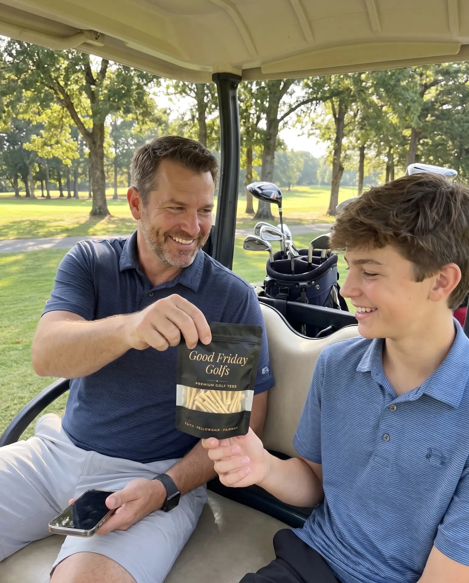 Father and son sharing a pouch of Good Friday Golfs tees in a golf cart